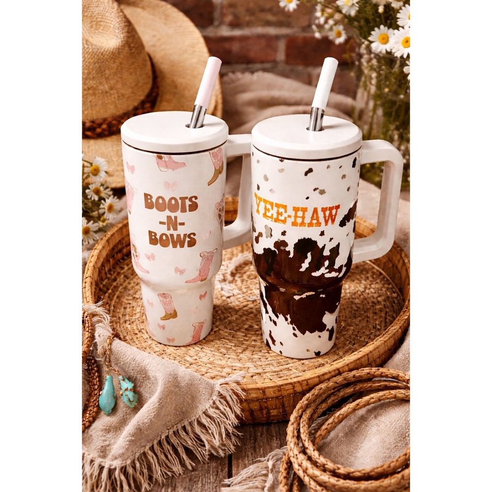 Boot Barn‎ Ranch Western Tumbler Set Boots -N- Bows & Cow Print Yee-Haw 2pc 40oz